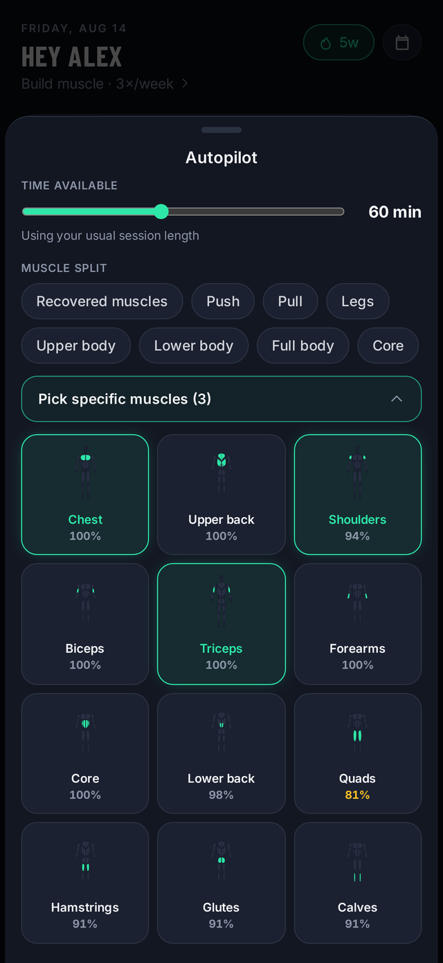 Autopilot sheet with a session-length slider, split chips, and a per-muscle picker showing recovery percentages