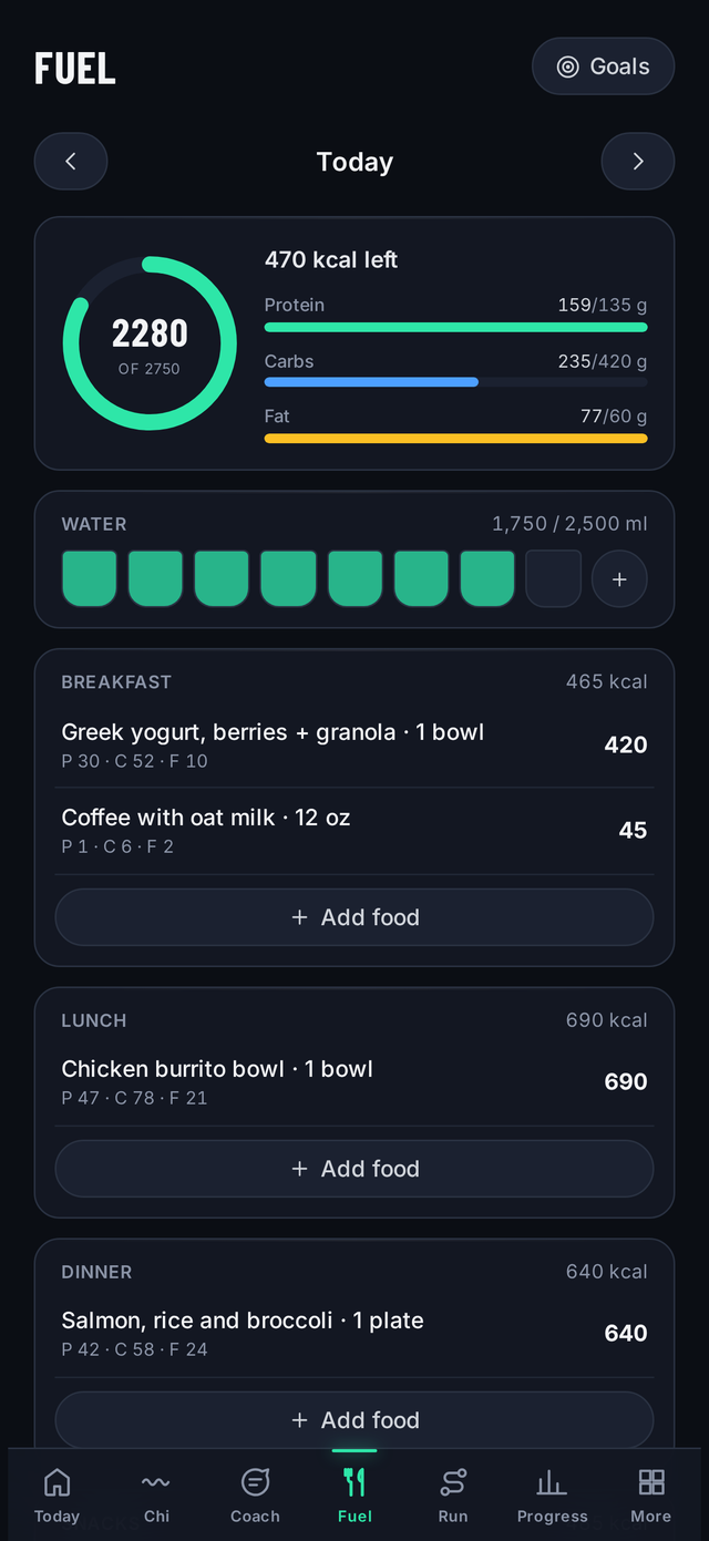 Fuel screen with calorie ring, macro bars, water tracking, and logged meals