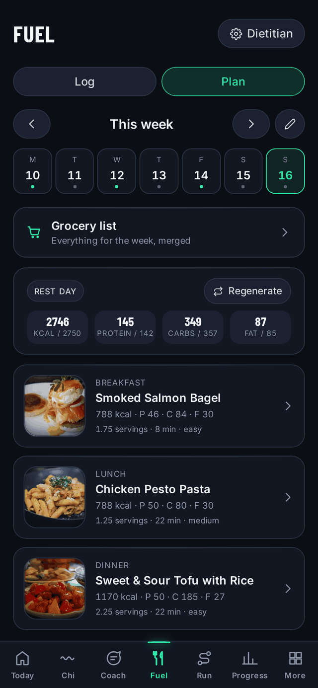 Krunchi meal plan week view: day strip, merged grocery list, daily macro targets, and planned meals with real recipe photos