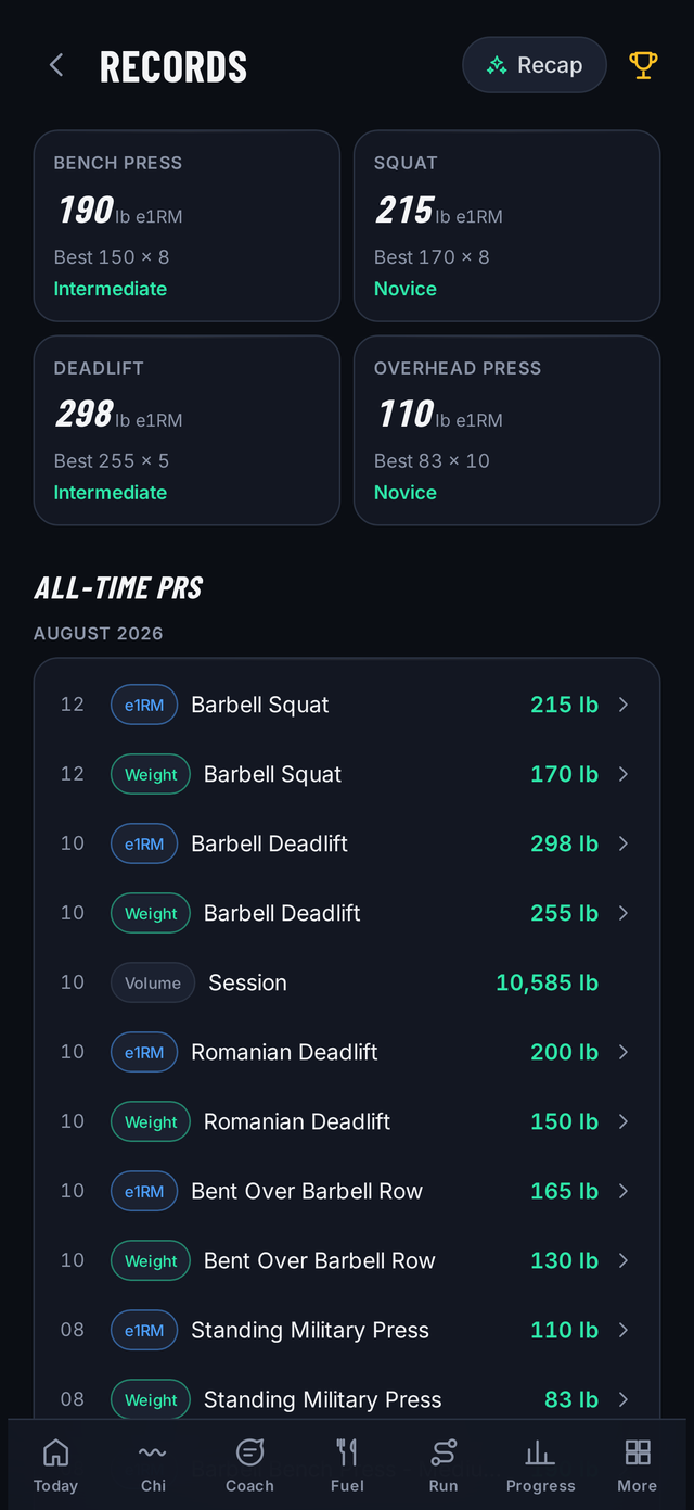 Records screen with big-four e1RM cards, strength levels, and a PR timeline
